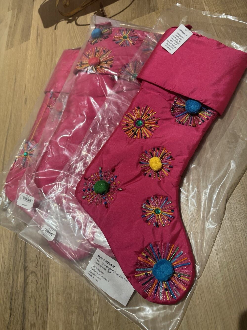 Neiman Marcus 19โ Fuchsia Pink Pom Beaded Jeweled Christmas Stocking